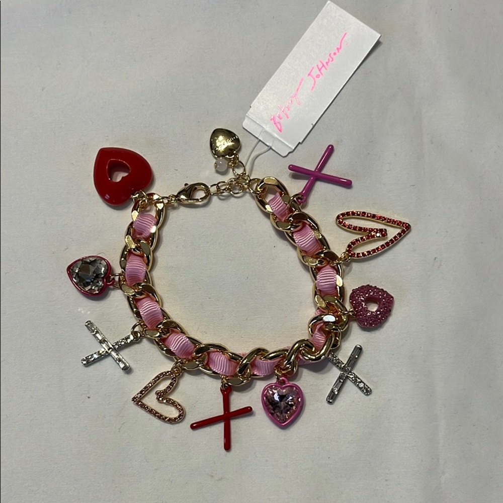 Betsey Johnson Ribbon Hearts XO Charm Bracelet Pink Gold NWT